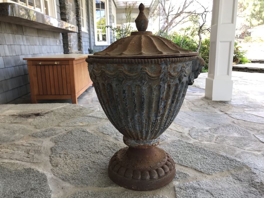 Antique Cast Metal Garden Urn With Lid 20'H [Photo 3]