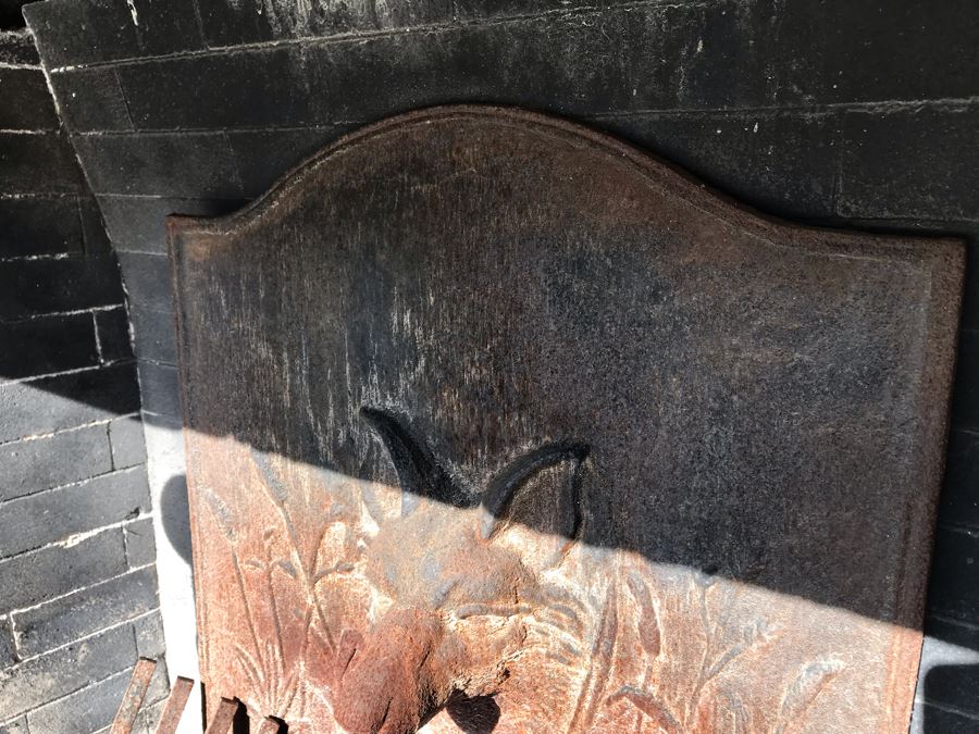 Wrought Iron Fireplace Andirons And Fireplace Tools Set With Rack (Cast Iron Fox Fireback In Separate Lot) [Photo 7]