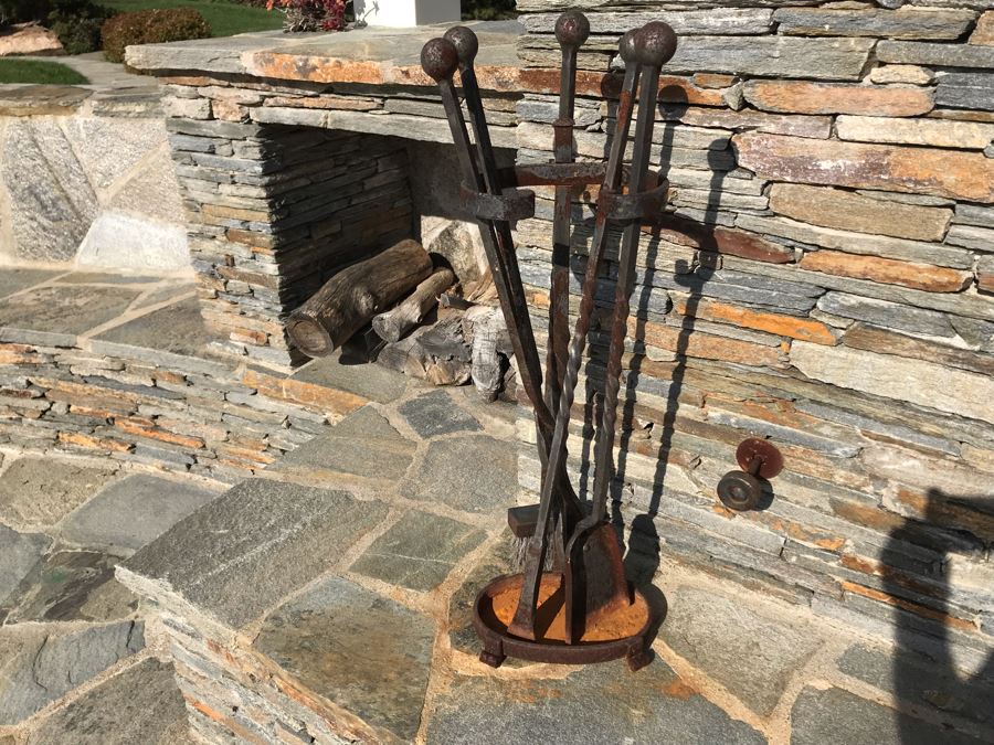 Wrought Iron Fireplace Andirons And Fireplace Tools Set With Rack (Cast Iron Fox Fireback In Separate Lot) [Photo 12]