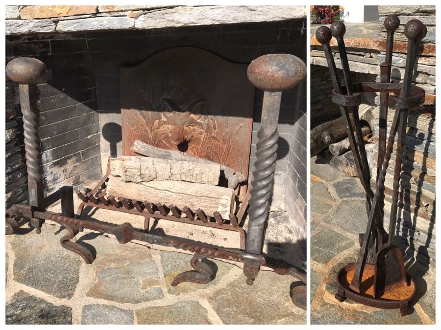 Wrought Iron Fireplace Andirons And Fireplace Tools Set With Rack (Cast Iron Fox Fireback In Separate Lot) [Photo 1]