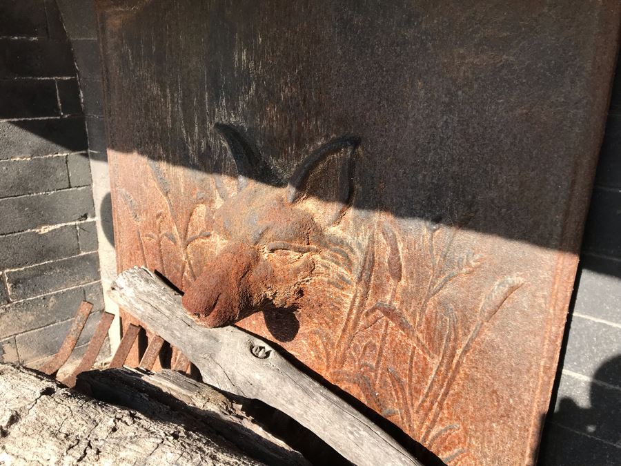 Wrought Iron Fireplace Andirons And Fireplace Tools Set With Rack (Cast Iron Fox Fireback In Separate Lot) [Photo 5]