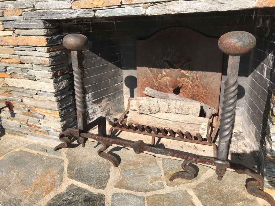Wrought Iron Fireplace Andirons And Fireplace Tools Set With Rack (Cast Iron Fox Fireback In Separate Lot) [Photo 3]