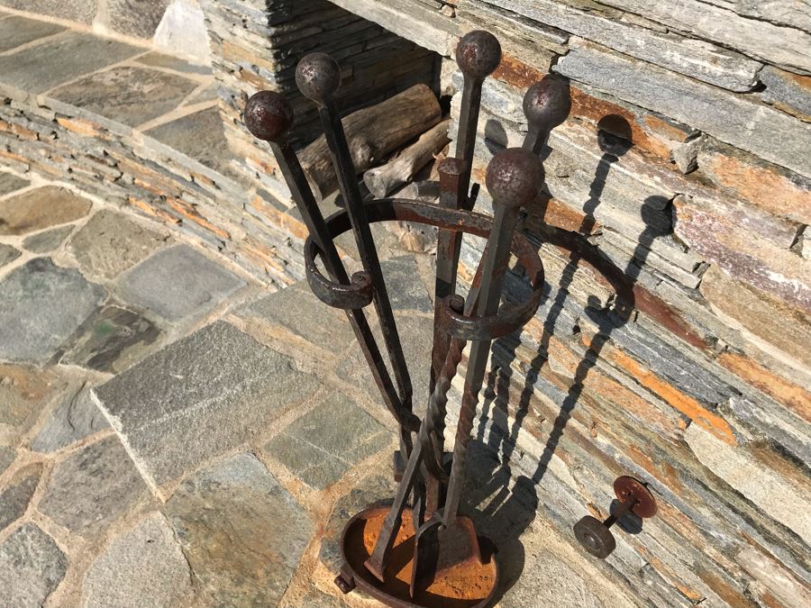Wrought Iron Fireplace Andirons And Fireplace Tools Set With Rack (Cast Iron Fox Fireback In Separate Lot) [Photo 14]