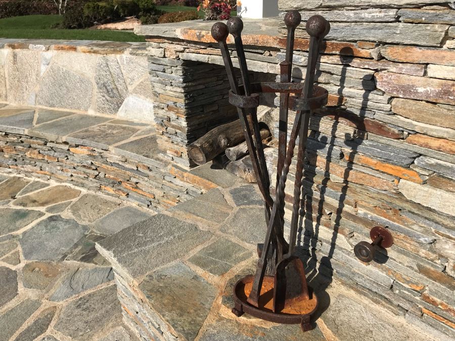 Wrought Iron Fireplace Andirons And Fireplace Tools Set With Rack (Cast Iron Fox Fireback In Separate Lot) [Photo 13]
