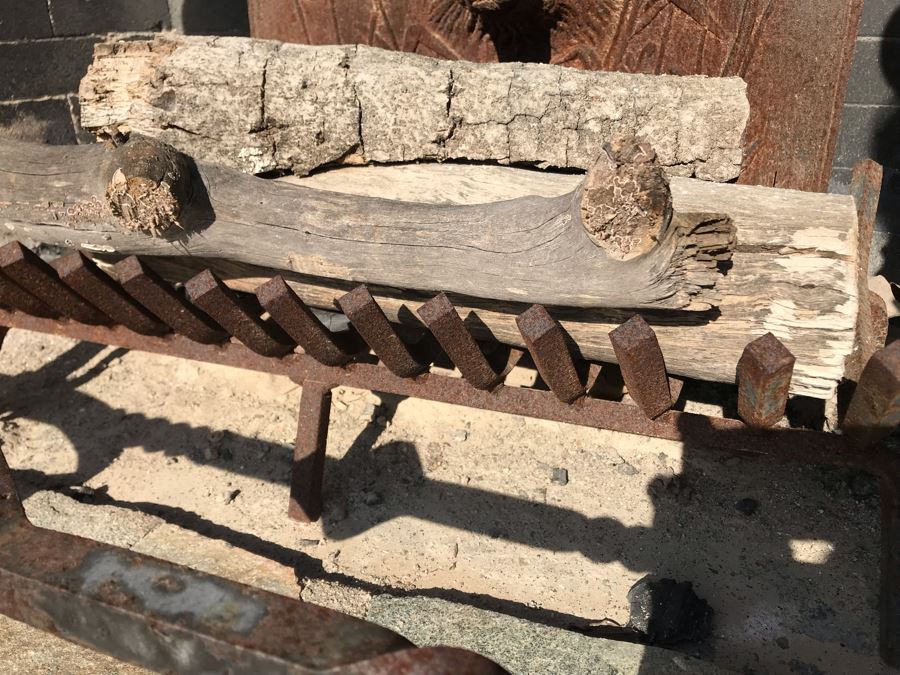 Wrought Iron Fireplace Andirons And Fireplace Tools Set With Rack (Cast Iron Fox Fireback In Separate Lot) [Photo 11]