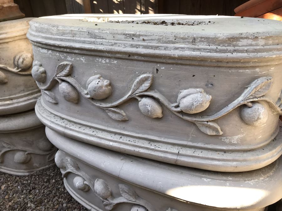 Set Of (4) Large Cast Cement Ornamental Embossed Fruit Flower Pots Shown Upsid Down Heavy [Photo 2]