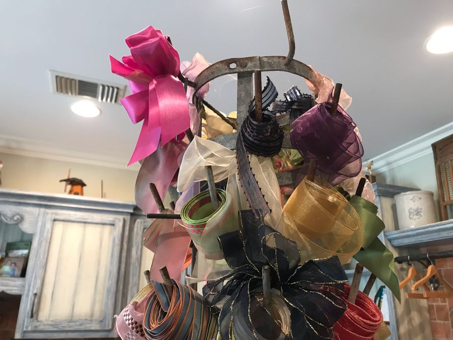 Vintage Metal Bottle Drying Rack Filled With Various Ribbons And Bows [Photo 7]