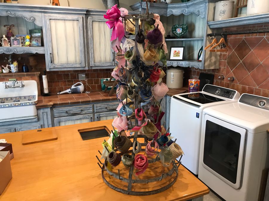 Vintage Metal Bottle Drying Rack Filled With Various Ribbons And Bows [Photo 5]