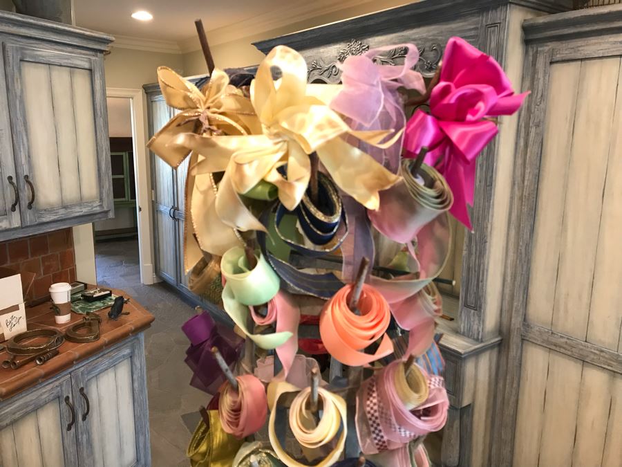 Vintage Metal Bottle Drying Rack Filled With Various Ribbons And Bows [Photo 3]