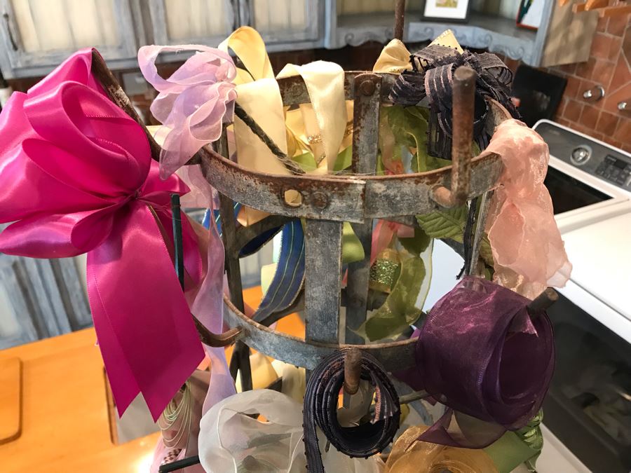 Vintage Metal Bottle Drying Rack Filled With Various Ribbons And Bows [Photo 8]