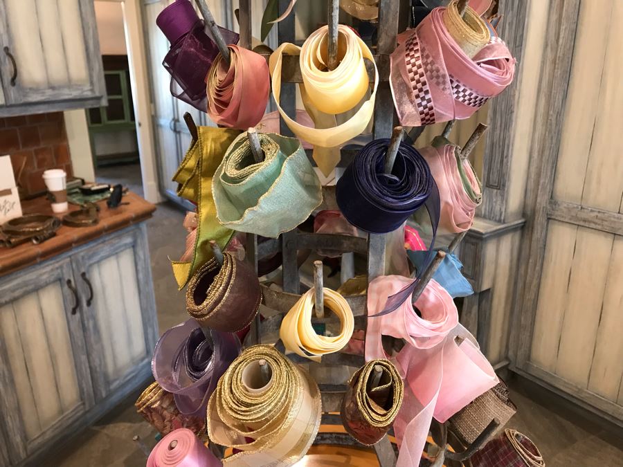 Vintage Metal Bottle Drying Rack Filled With Various Ribbons And Bows [Photo 4]