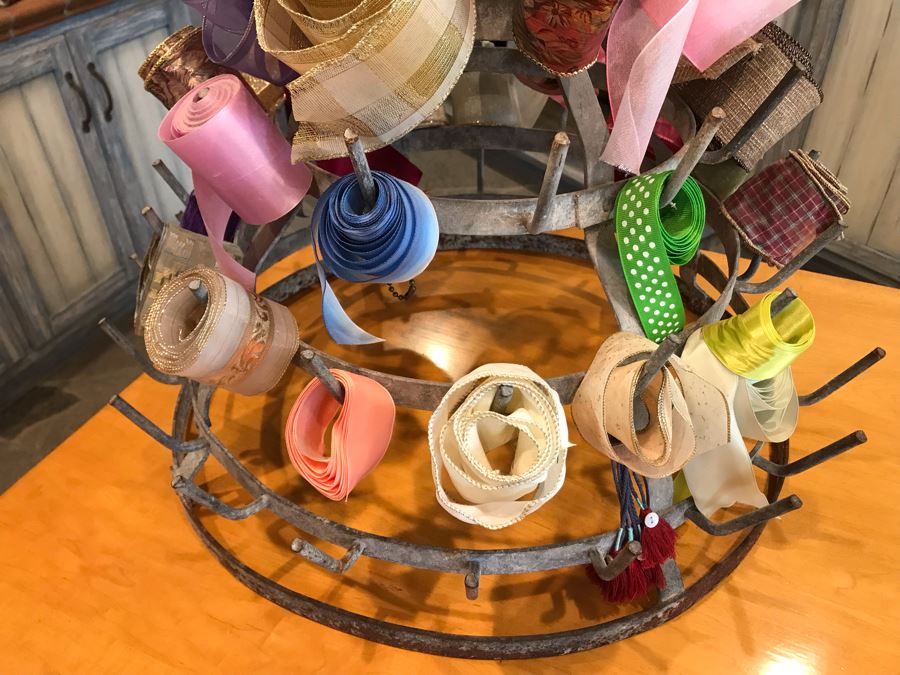 Vintage Metal Bottle Drying Rack Filled With Various Ribbons And Bows [Photo 2]