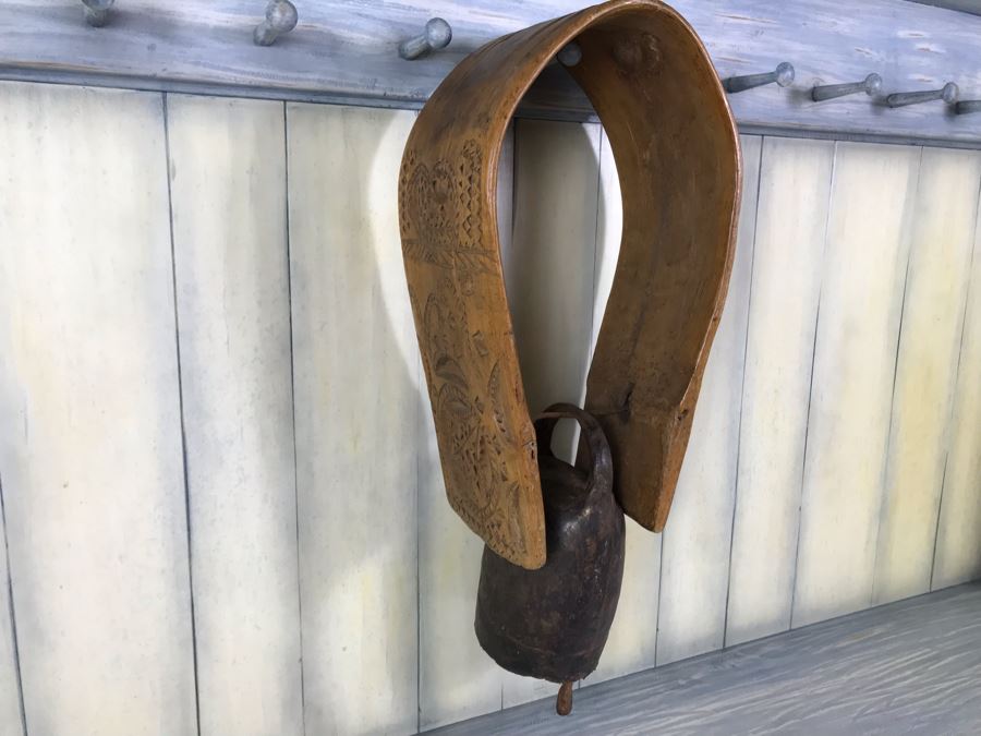 Antique Primitive Hand Hammered Swiss Metal Cow Bell With Carved Wooden Harness Apx 24'L - See Photos [Photo 4]