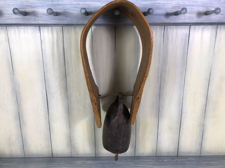 Antique Primitive Hand Hammered Swiss Metal Cow Bell With Carved Wooden Harness Apx 24'L - See Photos [Photo 3]