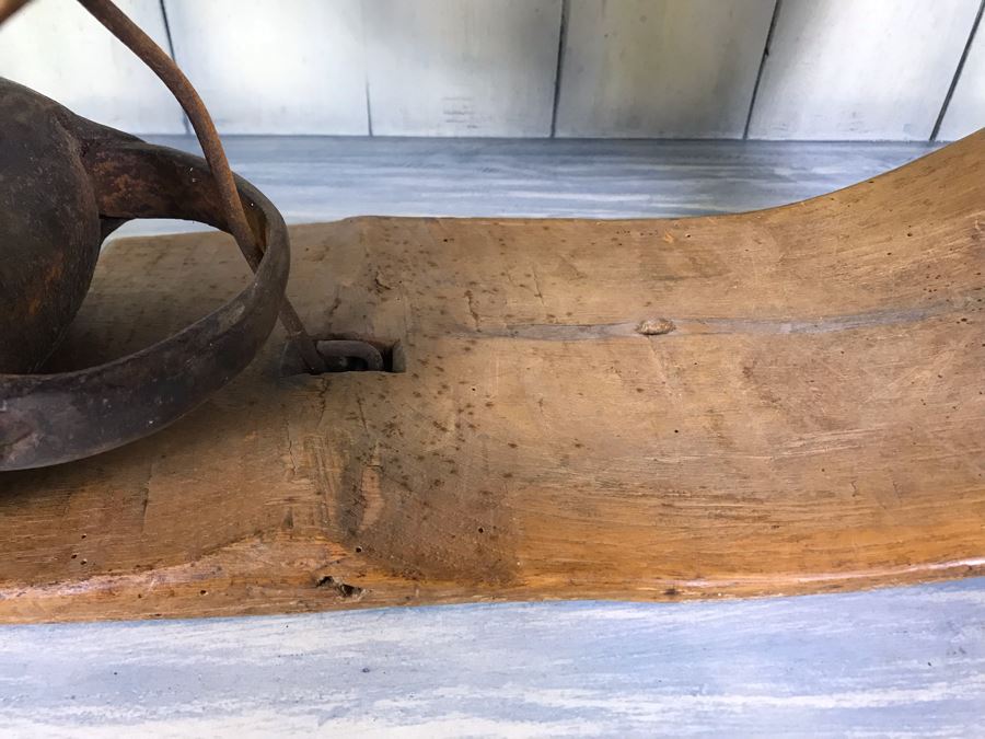 Antique Primitive Hand Hammered Swiss Metal Cow Bell With Carved Wooden Harness Apx 24'L - See Photos [Photo 17]