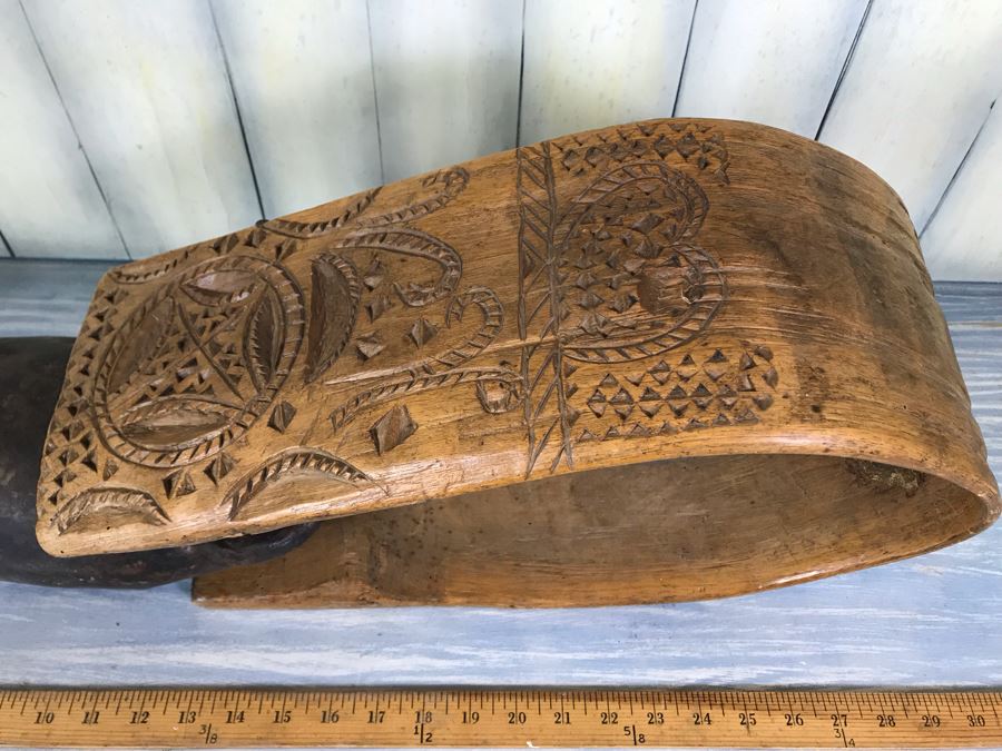 Antique Primitive Hand Hammered Swiss Metal Cow Bell With Carved Wooden Harness Apx 24'L - See Photos [Photo 10]