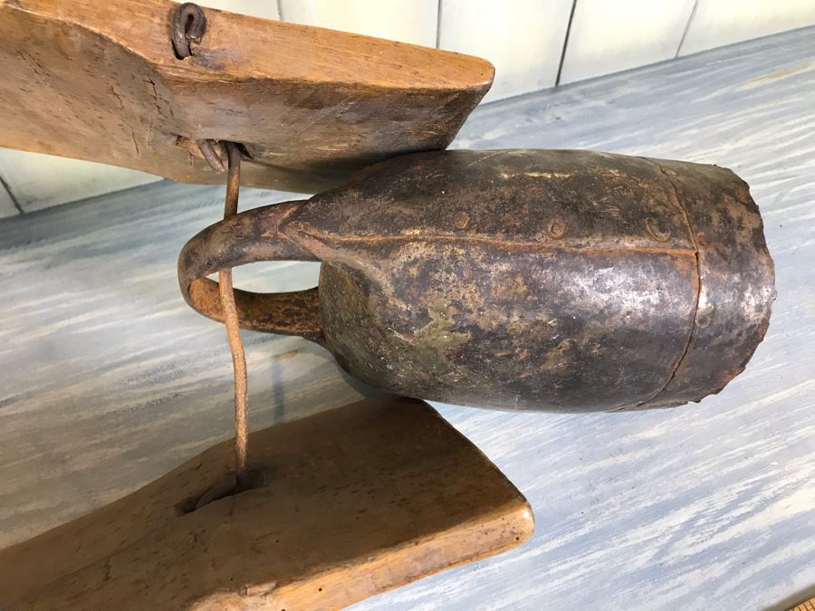 Antique Primitive Hand Hammered Swiss Metal Cow Bell With Carved Wooden Harness Apx 24'L - See Photos [Photo 9]