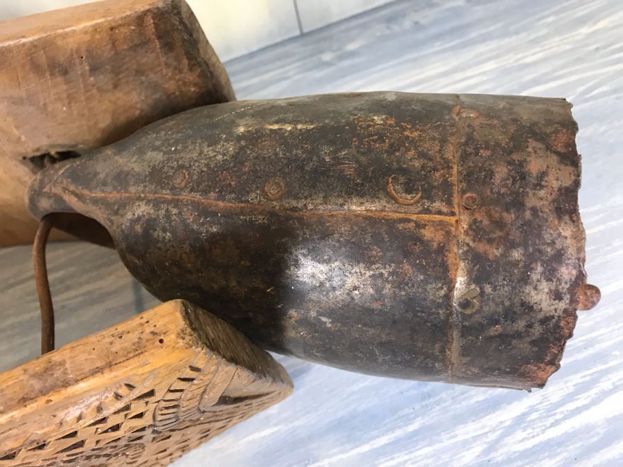 Antique Primitive Hand Hammered Swiss Metal Cow Bell With Carved Wooden Harness Apx 24'L - See Photos [Photo 7]