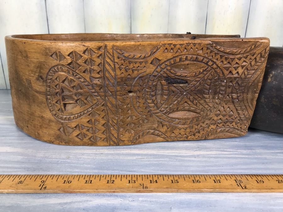 Antique Primitive Hand Hammered Swiss Metal Cow Bell With Carved Wooden Harness Apx 24'L - See Photos [Photo 6]