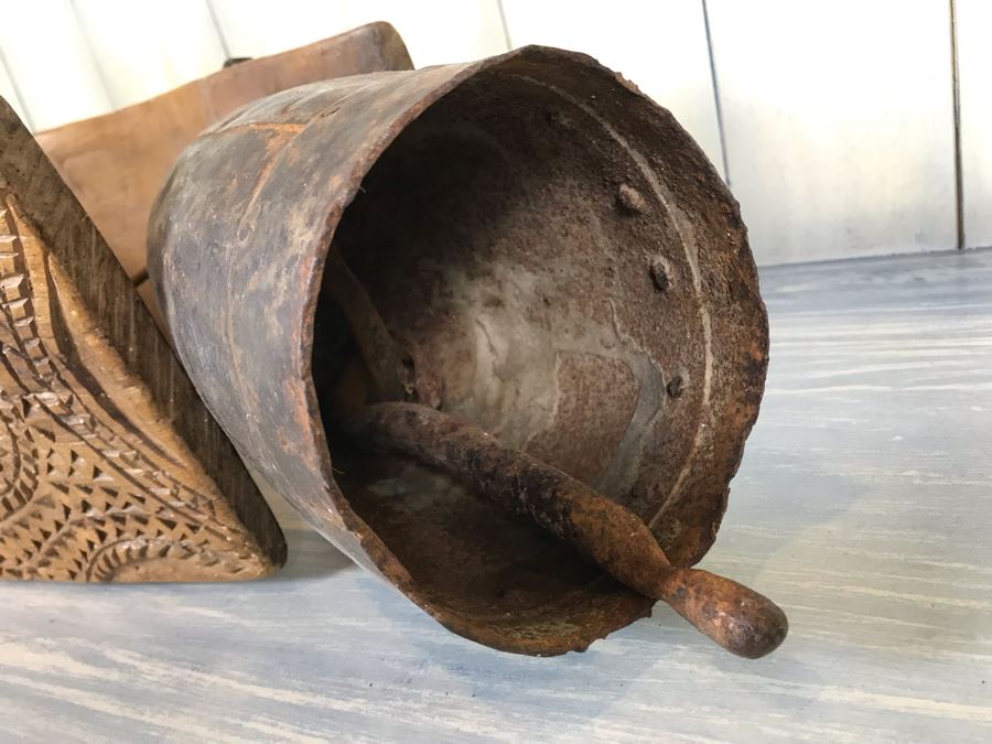 Antique Primitive Hand Hammered Swiss Metal Cow Bell With Carved Wooden Harness Apx 24'L - See Photos [Photo 8]
