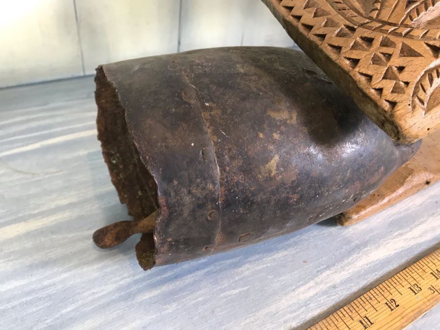 Antique Primitive Hand Hammered Swiss Metal Cow Bell With Carved Wooden Harness Apx 24'L - See Photos [Photo 11]