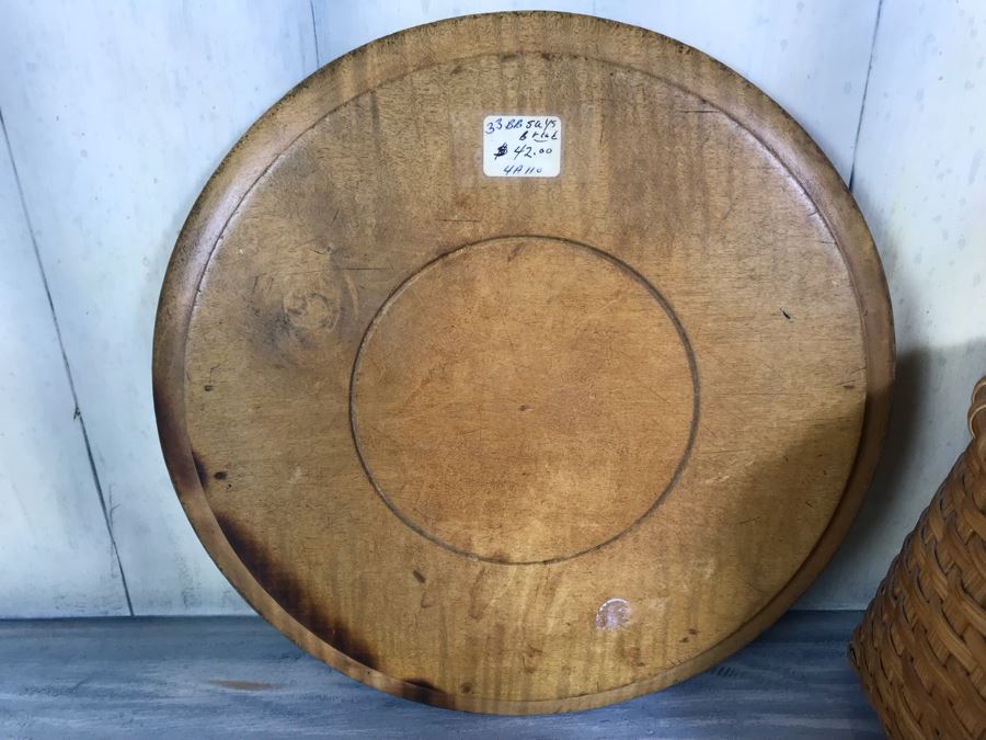 Antique Carved Wooden Bread Plate, Vintage Woven Basket And Hand Painted Brass Swiss Cow Bell [Photo 8]