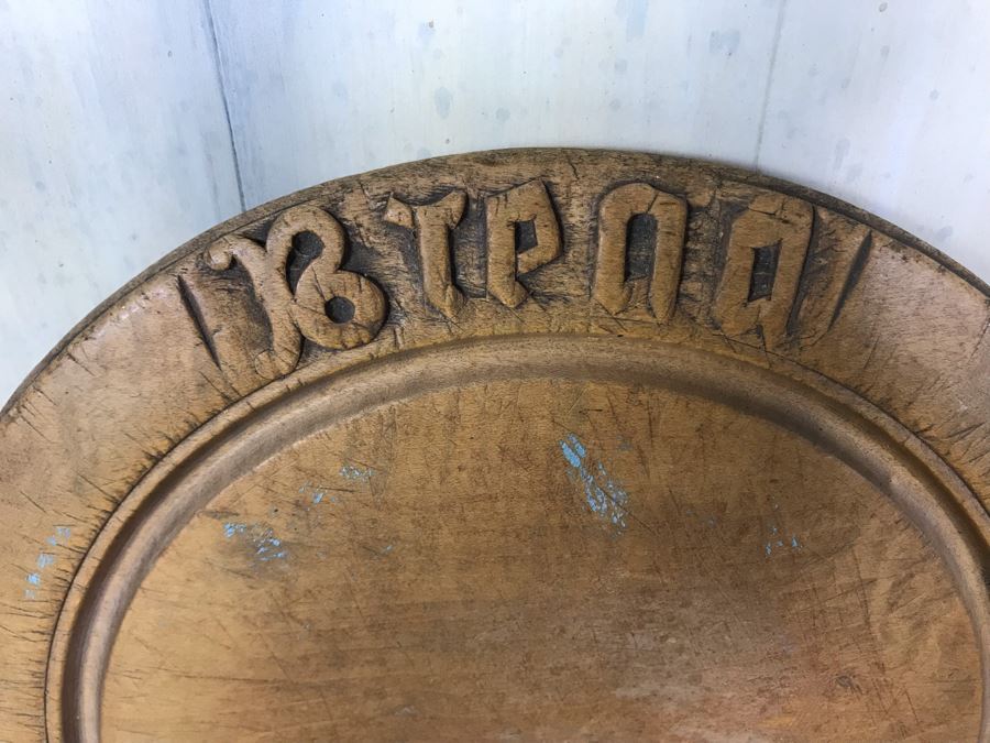 Antique Carved Wooden Bread Plate, Vintage Woven Basket And Hand Painted Brass Swiss Cow Bell [Photo 5]