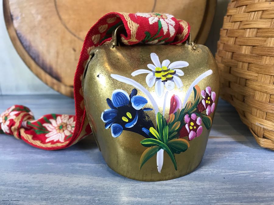 Antique Carved Wooden Bread Plate, Vintage Woven Basket And Hand Painted Brass Swiss Cow Bell [Photo 9]