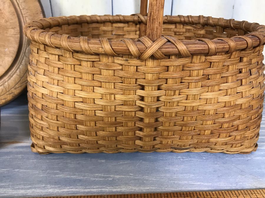 Antique Carved Wooden Bread Plate, Vintage Woven Basket And Hand Painted Brass Swiss Cow Bell [Photo 3]