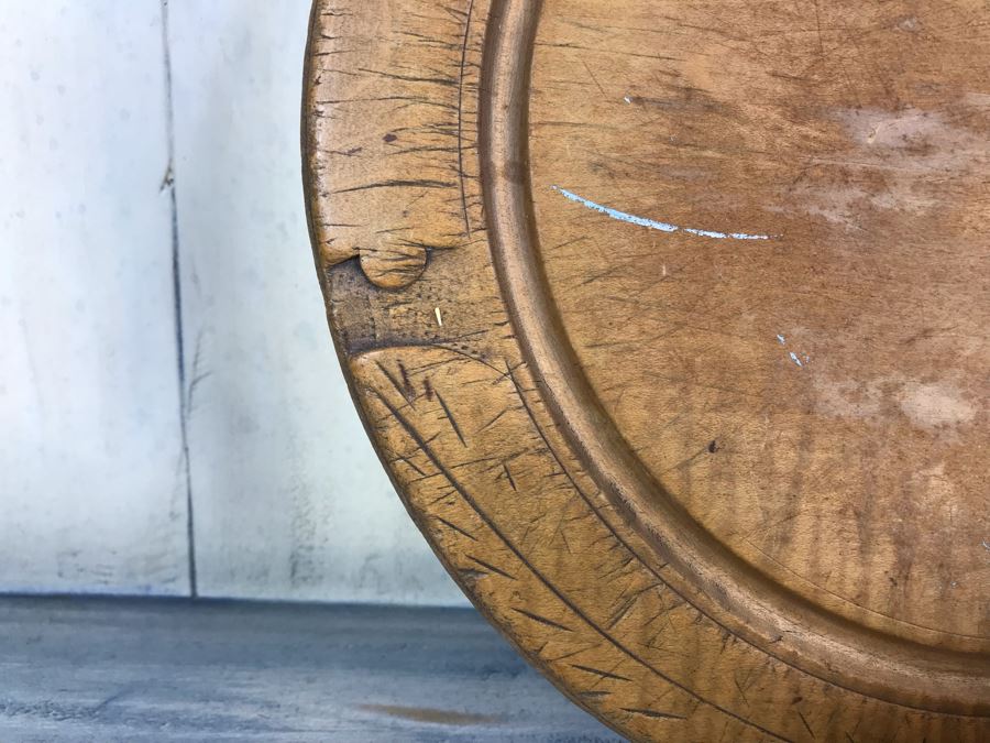 Antique Carved Wooden Bread Plate, Vintage Woven Basket And Hand Painted Brass Swiss Cow Bell [Photo 6]