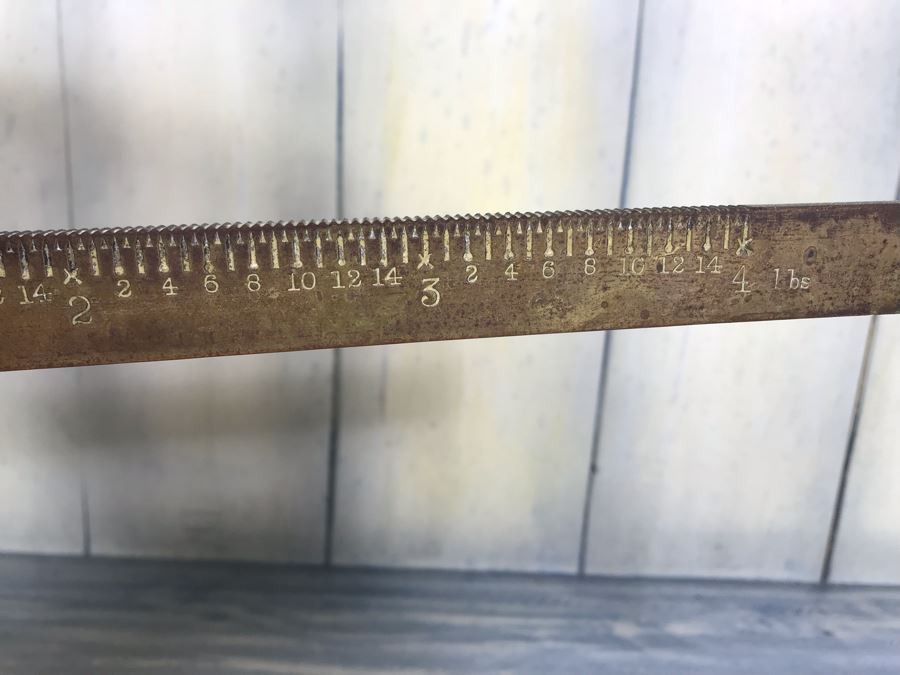 Vintage Fairbanks Cast Iron Postal Scale With Brass Pan Marked Property Of U.S. Post Office 4lbs With Toe Crow's Foot Pinstripe Paint Design At Base [Photo 6]