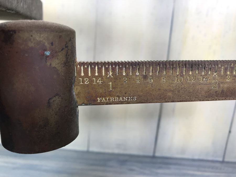 Vintage Fairbanks Cast Iron Postal Scale With Brass Pan Marked Property Of U.S. Post Office 4lbs With Toe Crow's Foot Pinstripe Paint Design At Base [Photo 5]