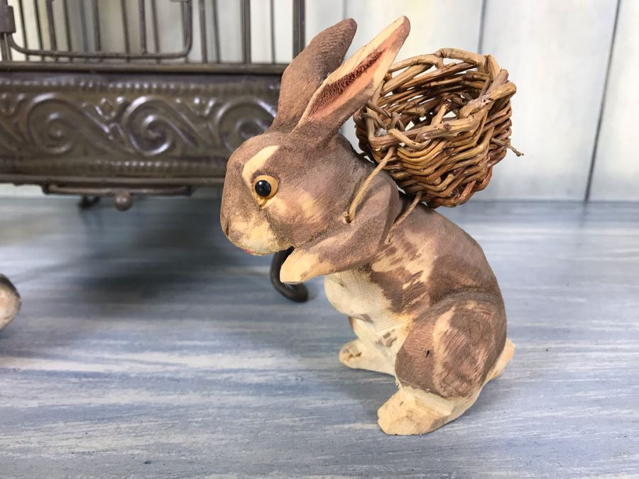 Home Decor Lot With Metal Birdcage, Carved Wooden Bunny Rabbit (Right), Paper Mache Bunny Rabbit (Left) And Wooden Birdcage With Mice [Photo 3]