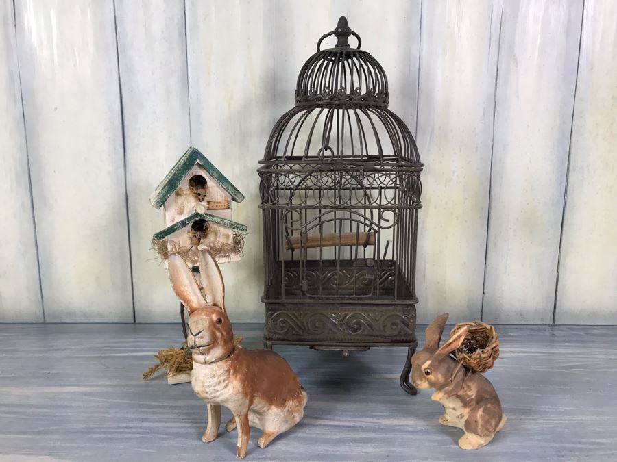 Home Decor Lot With Metal Birdcage, Carved Wooden Bunny Rabbit (Right), Paper Mache Bunny Rabbit (Left) And Wooden Birdcage With Mice [Photo 1]