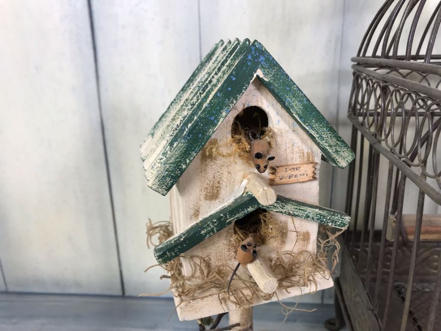 Home Decor Lot With Metal Birdcage, Carved Wooden Bunny Rabbit (Right), Paper Mache Bunny Rabbit (Left) And Wooden Birdcage With Mice [Photo 12]