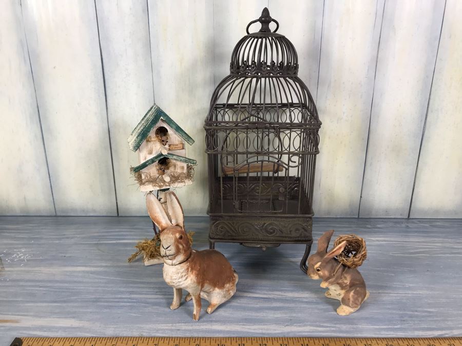 Home Decor Lot With Metal Birdcage, Carved Wooden Bunny Rabbit (Right), Paper Mache Bunny Rabbit (Left) And Wooden Birdcage With Mice [Photo 2]