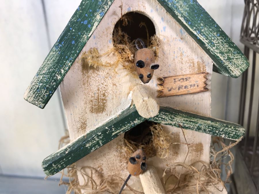 Home Decor Lot With Metal Birdcage, Carved Wooden Bunny Rabbit (Right), Paper Mache Bunny Rabbit (Left) And Wooden Birdcage With Mice [Photo 13]