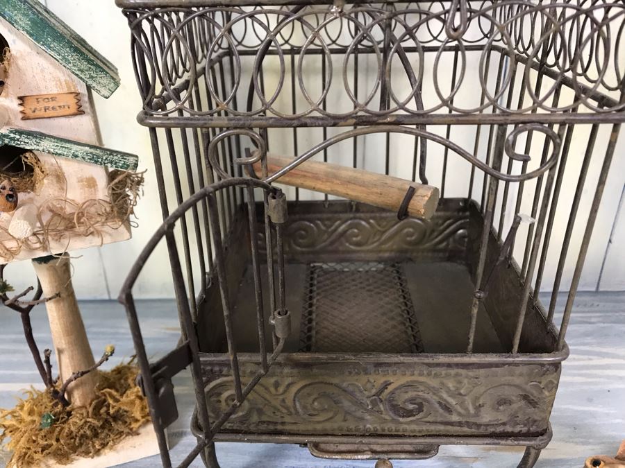 Home Decor Lot With Metal Birdcage, Carved Wooden Bunny Rabbit (Right), Paper Mache Bunny Rabbit (Left) And Wooden Birdcage With Mice [Photo 17]