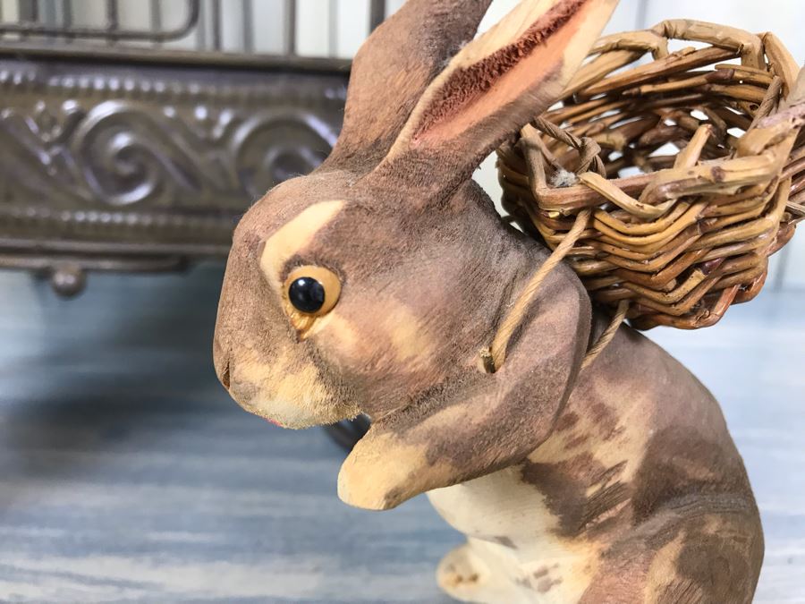 Home Decor Lot With Metal Birdcage, Carved Wooden Bunny Rabbit (Right), Paper Mache Bunny Rabbit (Left) And Wooden Birdcage With Mice [Photo 4]