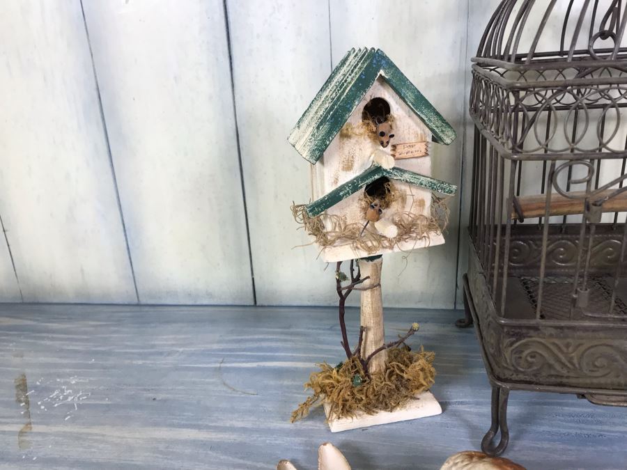 Home Decor Lot With Metal Birdcage, Carved Wooden Bunny Rabbit (Right), Paper Mache Bunny Rabbit (Left) And Wooden Birdcage With Mice [Photo 11]