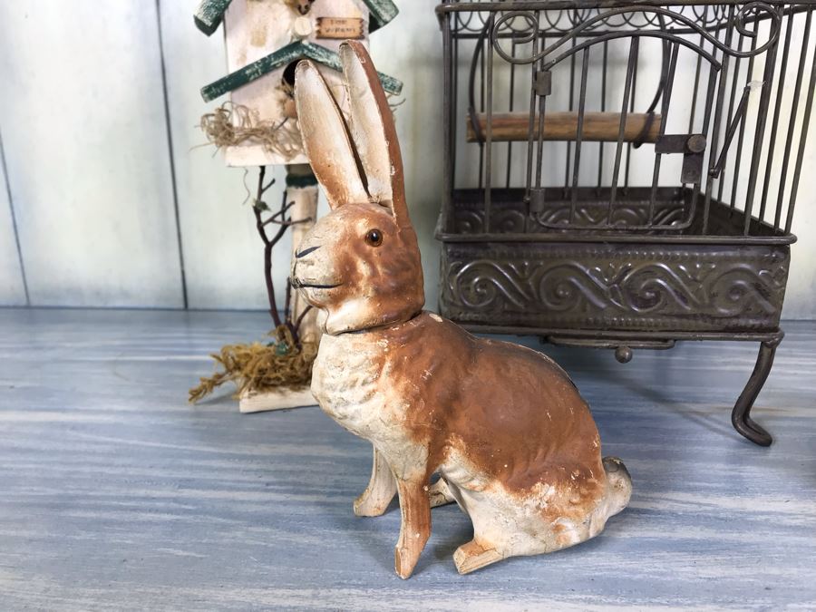 Home Decor Lot With Metal Birdcage, Carved Wooden Bunny Rabbit (Right), Paper Mache Bunny Rabbit (Left) And Wooden Birdcage With Mice [Photo 6]