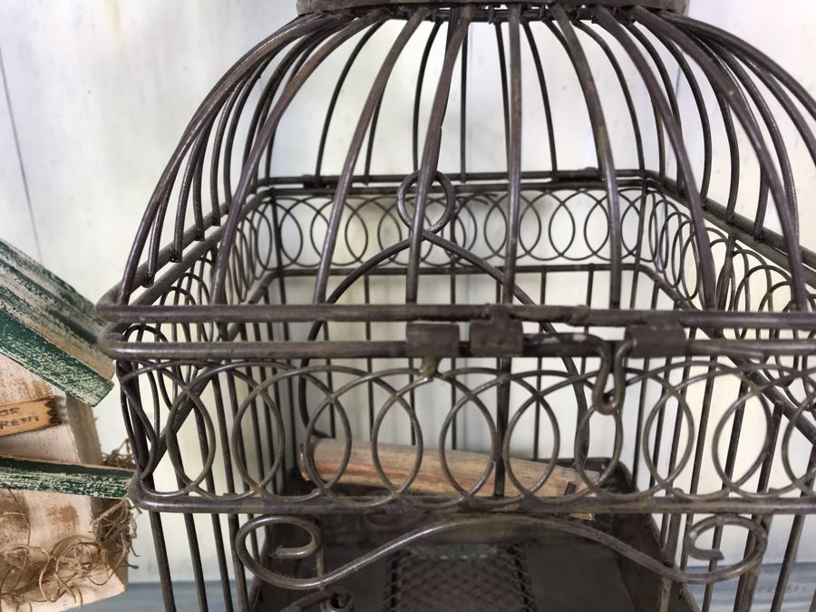 Home Decor Lot With Metal Birdcage, Carved Wooden Bunny Rabbit (Right), Paper Mache Bunny Rabbit (Left) And Wooden Birdcage With Mice [Photo 18]