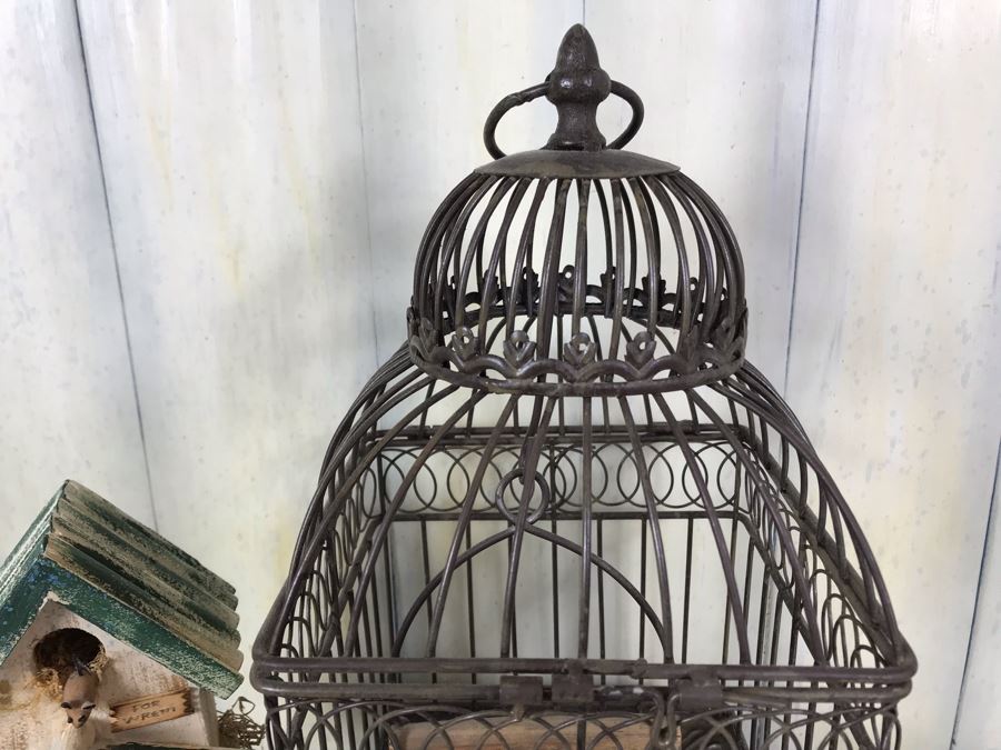 Home Decor Lot With Metal Birdcage, Carved Wooden Bunny Rabbit (Right), Paper Mache Bunny Rabbit (Left) And Wooden Birdcage With Mice [Photo 16]