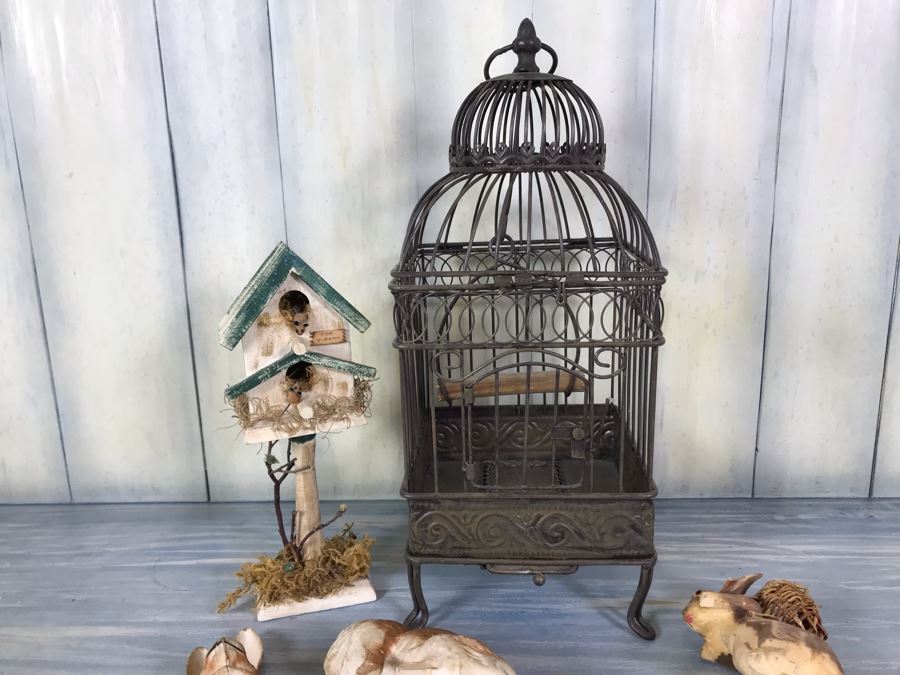 Home Decor Lot With Metal Birdcage, Carved Wooden Bunny Rabbit (Right), Paper Mache Bunny Rabbit (Left) And Wooden Birdcage With Mice [Photo 14]
