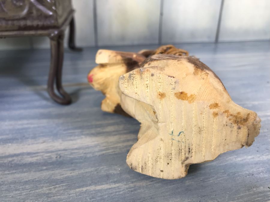Home Decor Lot With Metal Birdcage, Carved Wooden Bunny Rabbit (Right), Paper Mache Bunny Rabbit (Left) And Wooden Birdcage With Mice [Photo 5]