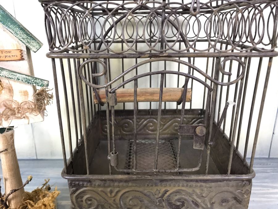 Home Decor Lot With Metal Birdcage, Carved Wooden Bunny Rabbit (Right), Paper Mache Bunny Rabbit (Left) And Wooden Birdcage With Mice [Photo 15]