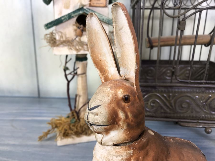 Home Decor Lot With Metal Birdcage, Carved Wooden Bunny Rabbit (Right), Paper Mache Bunny Rabbit (Left) And Wooden Birdcage With Mice [Photo 7]