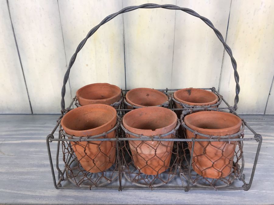 Vintage Twisted Wire Potting Gardening Basket With Flower Pots And Carrying Handle 10' X 6.5'