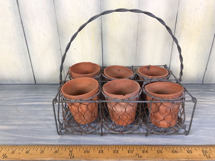Vintage Twisted Wire Potting Gardening Basket With Flower Pots And Carrying Handle 10' X 6.5'