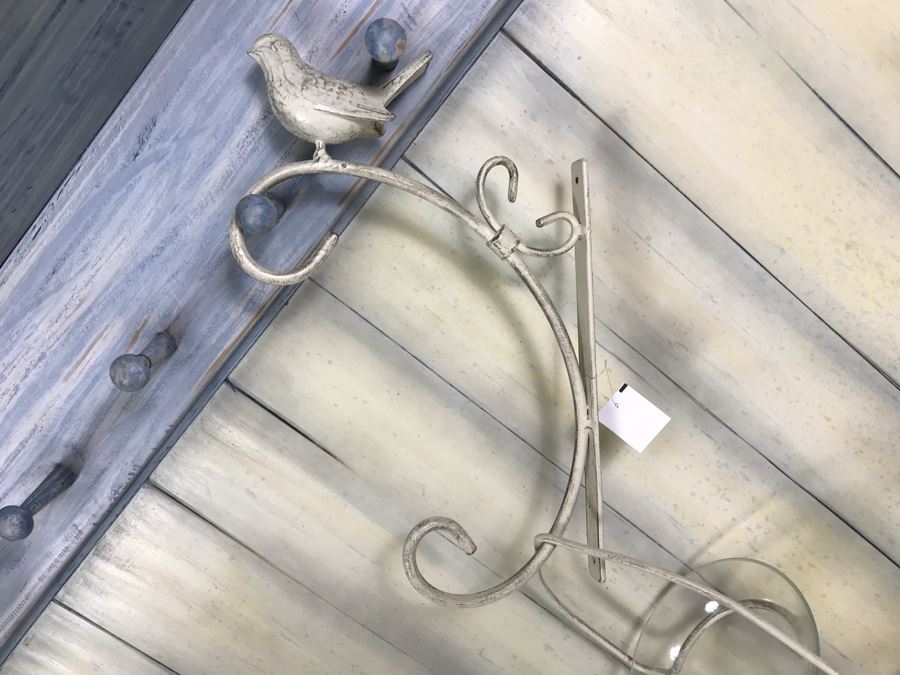 New Metal Bird Motif Wall Bracket With Hanging Bell Glass Flower Pot And Uncle Sam Doll [Photo 7]